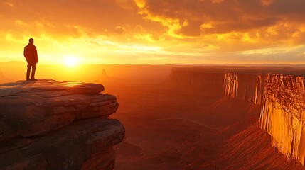 A man standing on a cliff overlooking a vast canyon, his face frozen in an astonished expression, the golden light of the setting sun highlighting the breathtaking landscape. --ar 16:9