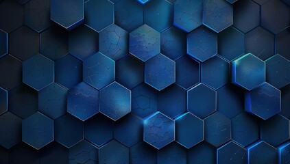 A blue background with hexagonal shapes that are all different sizes