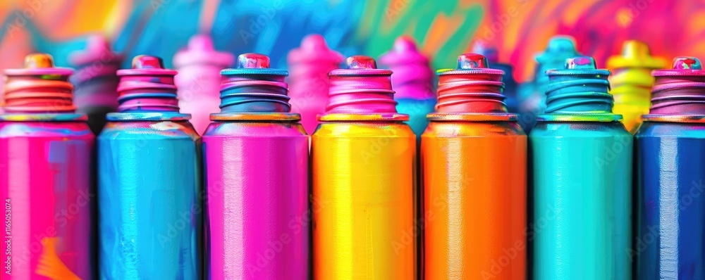 Poster graffiti abstract background concept. vibrant spray paint cans lined up displaying a spectrum of col