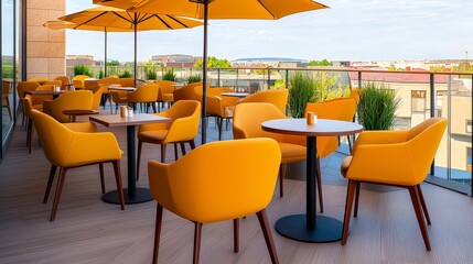Obraz premium Stylish Modern Outdoor Cafe With Bright Yellow Chairs and Umbrellas in Daylight