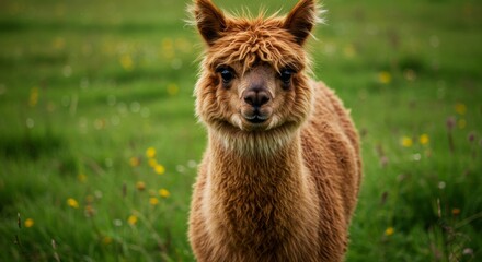 Adorable alpaca grazing in lush green meadow