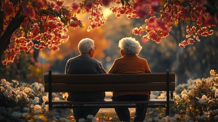 A pair of elderly friends sitting on a park bench, one holding the other’s hand, their eyes filled with warmth and shared memories, with blooming flowers in the background enhancing the serene moment.