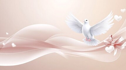 Fototapeta premium White Dove Soaring Amidst Flowing Fabric and Hearts