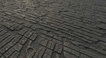 Weathered asphalt with tire tread marks and smooth imperfections