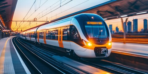 Fototapeta premium Modern Train Arriving at Urban Station During Sunset with City Skyline Background