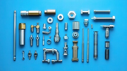 Obraz premium Neatly Arranged Plumbing Tools and Fittings on Blue Background