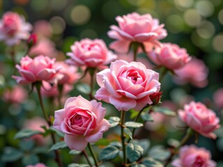 Beautiful Pink Roses Blooming in a Lush Garden Close Up View