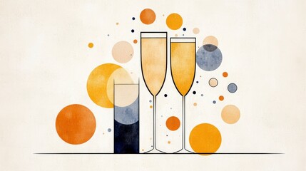 Abstract Illustration of Champagne Glasses with Colorful Circles on a Beige Background