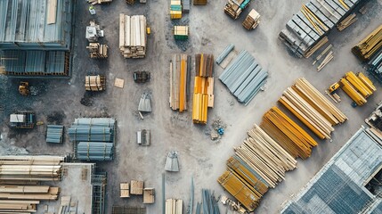 Aerial View of Construction Materials Organized on Site