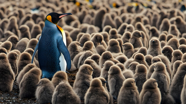 An adult king penguin standing among a large group of nearly fully grown chicks at Volunteer Point in the Falkland Islands.