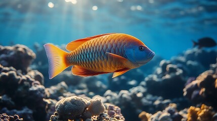 Fototapeta premium Vibrant orange and blue fish swimming in sunlit coral reef.