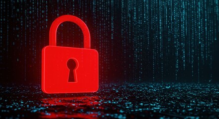 Digital security concept with red padlock and binary code background