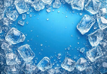 A blue background with a circle of ice cubes