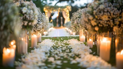 Obraz premium Soft candlelight glowing around an outdoor wedding altar adorned with white flowers.