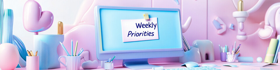 Wide Angle Floral Desktop with Monitor and Note Saying Weekly Priorities