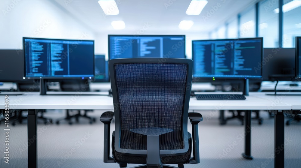 Poster Empty chair in modern office with multiple computer screens displaying code