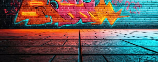 Fototapeta premium Graffiti abstract background concept. Vibrant graffiti art on a brick wall, showcasing bold colors and urban creativity.