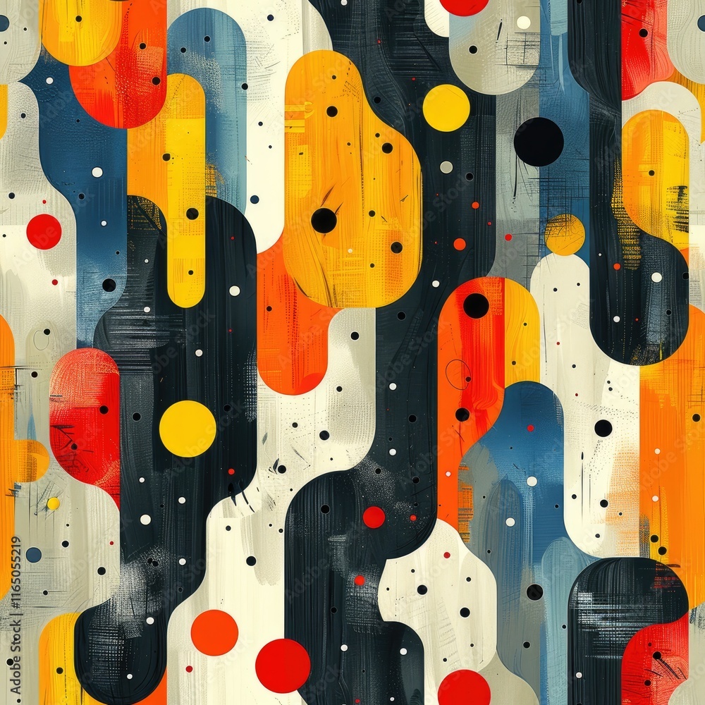Poster abstract colorful pattern with flowing shapes and dots, ideal for backgrounds or designs.