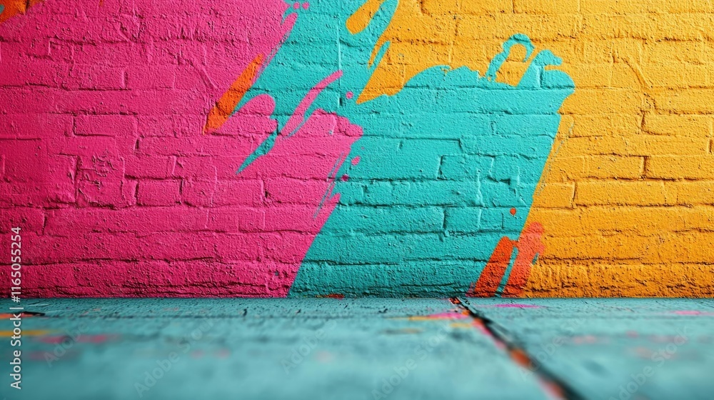 Aufkleber graffiti abstract background concept. vibrant spray paint colors on a textured brick wall creating a