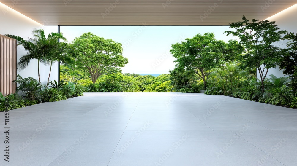 Poster modern open space with a view of lush greenery outside.