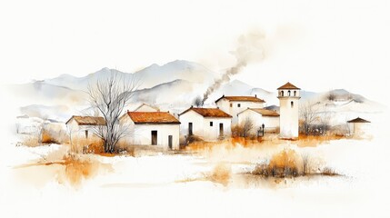 Tranquil Village Landscape with White Houses and Gentle Mountains in Background