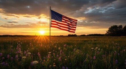 American flag waving in a field of wildflowers at sunset