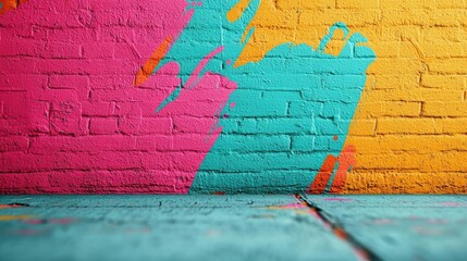 Graffiti abstract background concept. Vibrant spray paint colors on a textured brick wall creating an artistic backdrop.