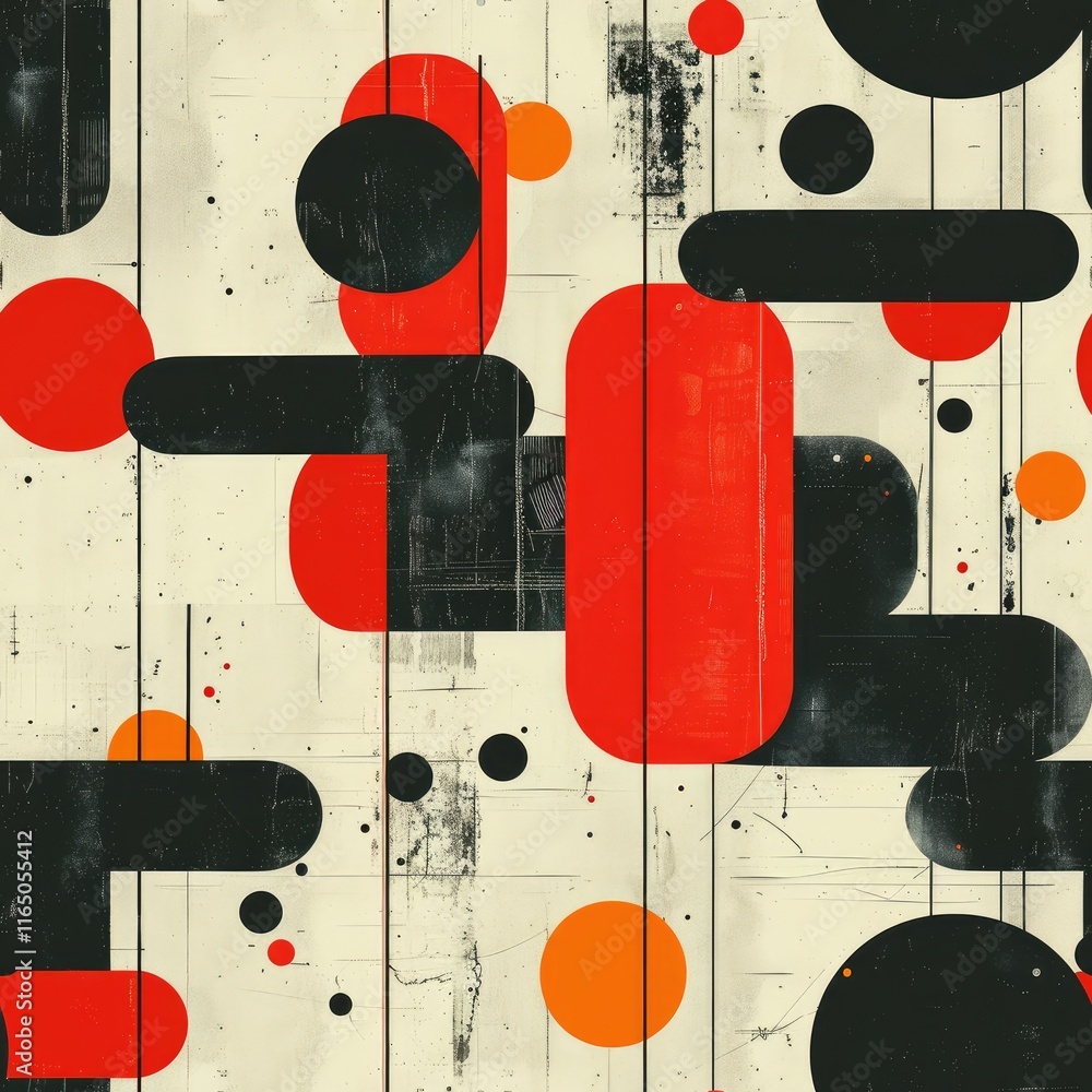 Poster abstract composition featuring bold shapes and colors on a textured background.