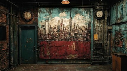 A backdrop for a 70th birthday celebration featuring an urban exploration theme with a grungy cityscape. -
