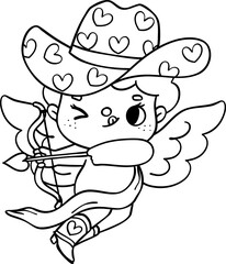 Groovy Retro Western Valentine Cupid with arrow and bow doodle outline