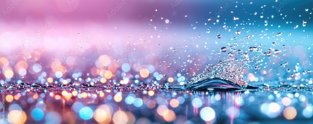 Poster Droplets abstract background idea. A mesmerizing splash of water with colorful reflections creating a dreamy atmosphere.