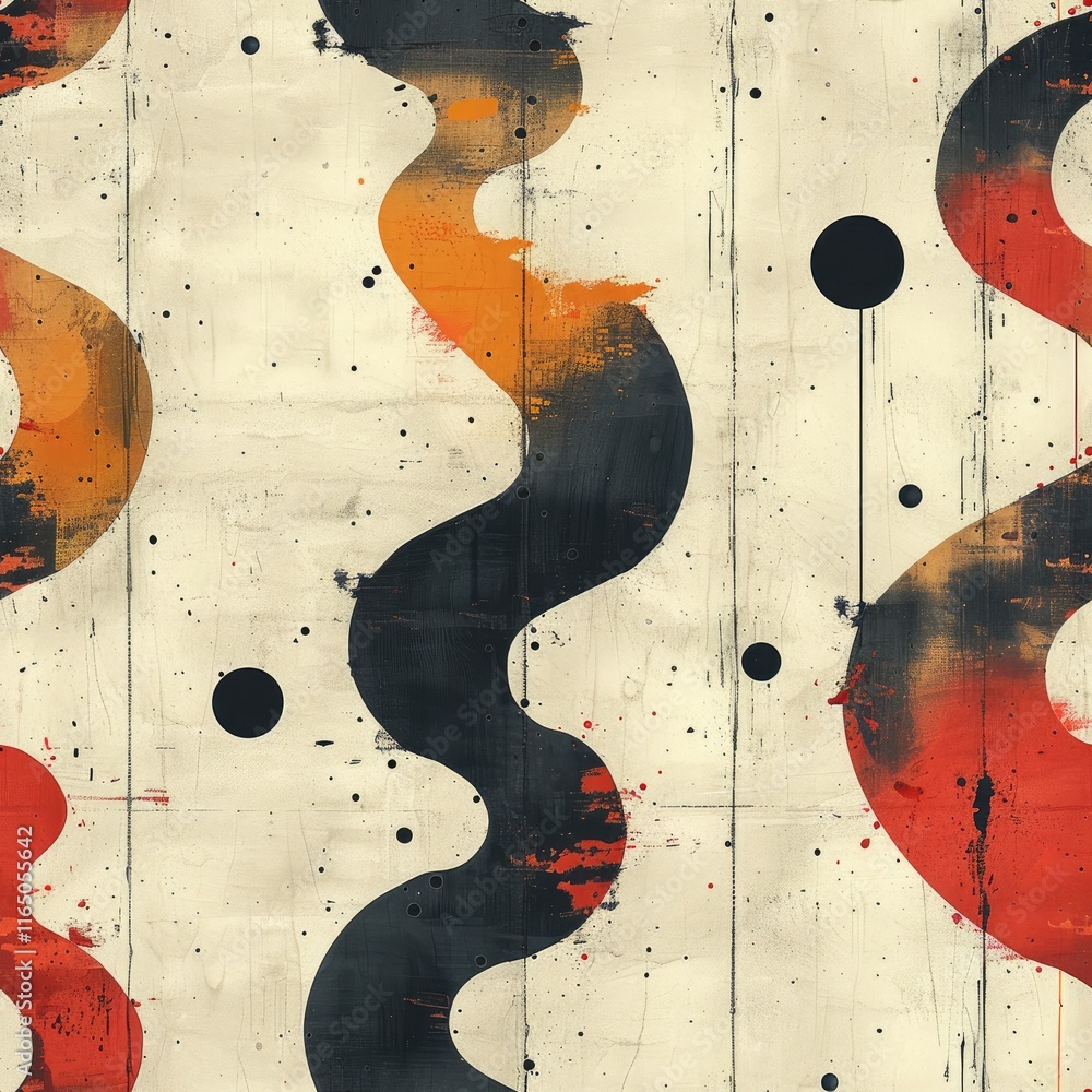 Poster abstract design featuring wavy lines and circles in warm tones on a textured background.