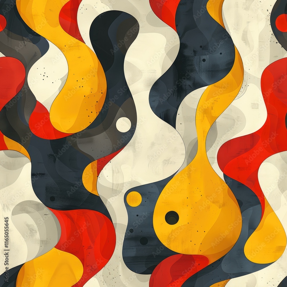 Poster abstract wavy pattern with vibrant colors and shapes resembling flowing forms.