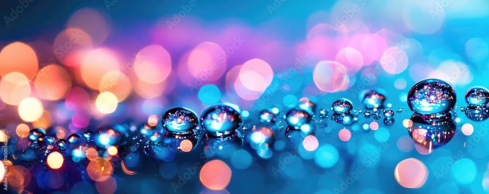 Poster Droplets abstract background idea. Glistening water droplets on a colorful bokeh background creating a soothing effect.