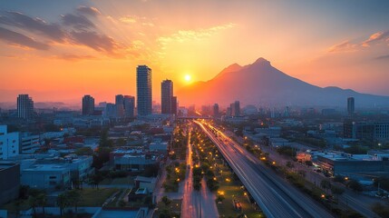 A beautiful sunset view over Monterrey with the Puente Atirantado and Cerro de la Silla in the background, capturing the vibrant streets and modern buildings of San Pedro Garza GarcÃ­a. 