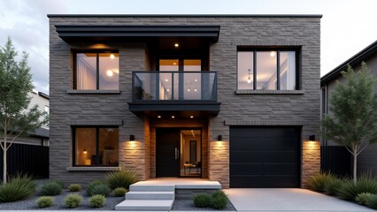 Industrial house façade with exposed brick, concrete, black steel accents, large windows, steel door, Edison bulb lighting, modern landscaping, and minimalist urban aesthetics.