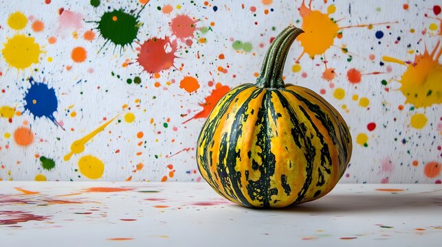 Pointed Gourd with colorful paint splatters behind it