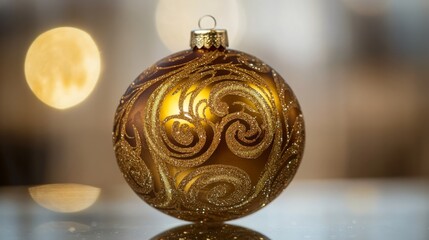 Holiday greeting card featuring delicate snowflake details
Glossy golden bauble with swirling glitter accents
Glittery golden Christmas bauble with sparkling details