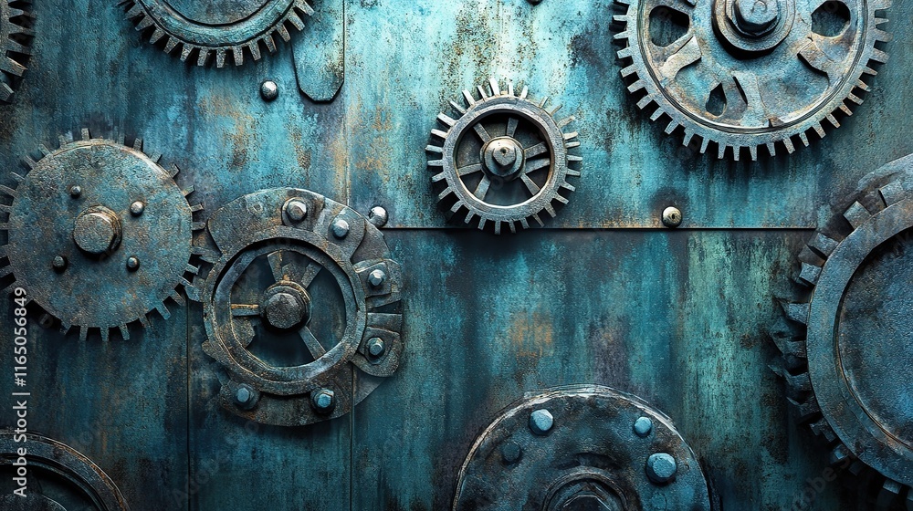 Poster robust industrial metal structures with gears and rusty background
