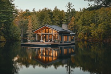 Fototapeta premium Modern Cabin on the Water Surrounded by Trees During Autumn Sunset in a Serene Location