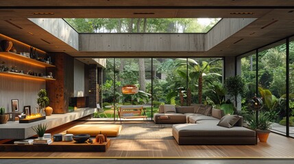 Fototapeta premium Modern living room with large windows and lush greenery.