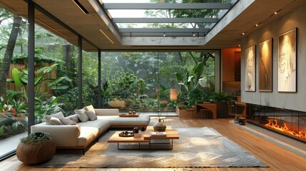 Fototapeta premium A modern, open-concept living room with large windows and greenery.