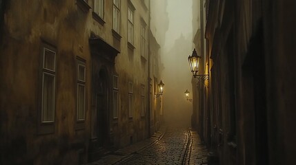 Naklejka premium Foggy cobblestone alleyway with antique streetlights.