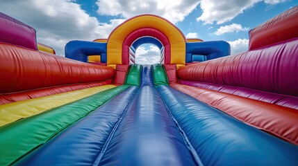 A bouncy rubber jumping castle house as a background. -