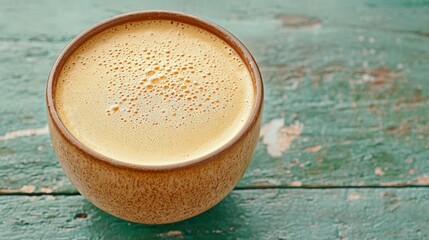 Close-Up of Warm Golden Beverage in Brown Bowl on Rustic Wooden Table