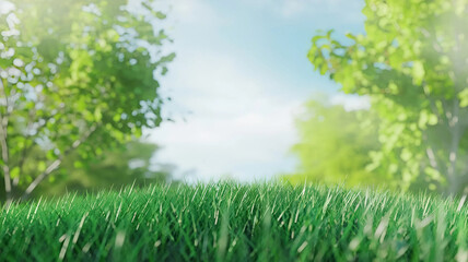 Obraz premium Green grass with bokeh background. 3d rendering, 3d illustration. Spring meadow with flowers and dandelions - 3d render