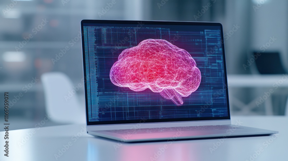 Aufkleber laptop displaying a digital brain concept on a modern interface.