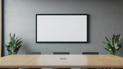 Modern meeting room with blank interactive screen and wooden table