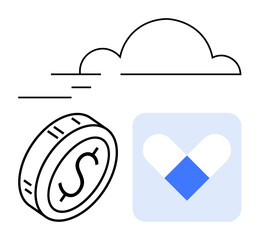 Coin with dollar sign, cloud, and heart in flat abstract style. Ideal for themes thumbs up finance, cloud storage, health, charity, innovation, digital services and abstract line flat metaphor