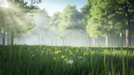 Green grass with bokeh background. 3d rendering, 3d illustration. Spring meadow with flowers and dandelions - 3d render
